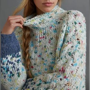 Anthropologie • Gaia Cream & Blue Chunky Knit Confetti Mock Neck Sweater Size XS